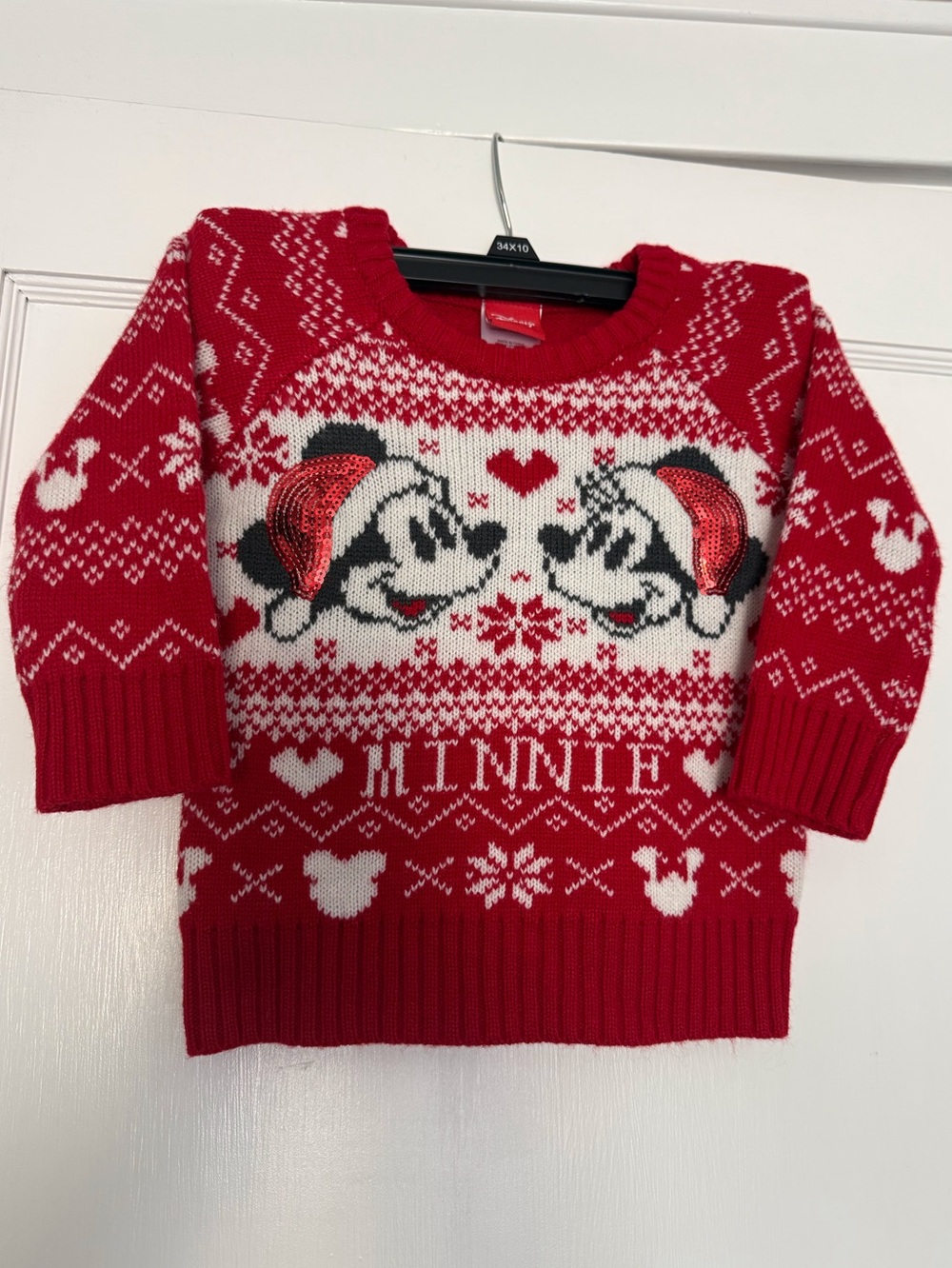 Disney Red and White Minnie Holiday Knit Sweater with Sequined Hat design
